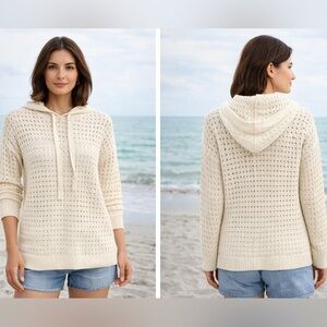 Worth New York Ivory Open Knit Hoodie Sweater Cotton Cashmere Small